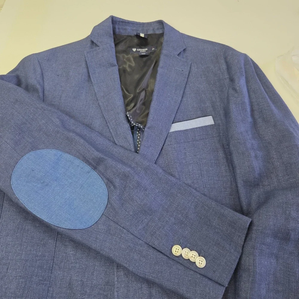Cremieux Classics Blazer Mens Large Blue Linen Elbow‎ Patches Sport Coat Preppy